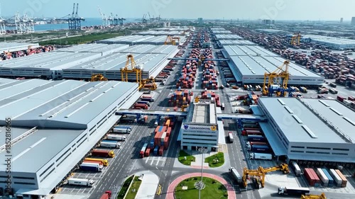 Aerial view of a vast industrial complex with numerous gray buildings, yellow cranes, and a sea of vehicles