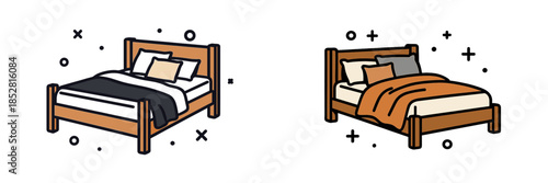 Stylish vector illustration of two unique bed designs with pillows