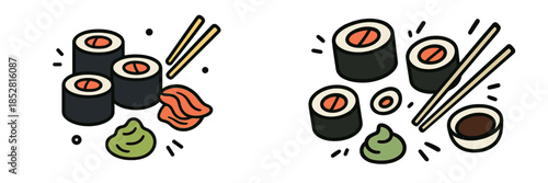 Delicious sushi rolls with wasabi and soy sauce on a white background