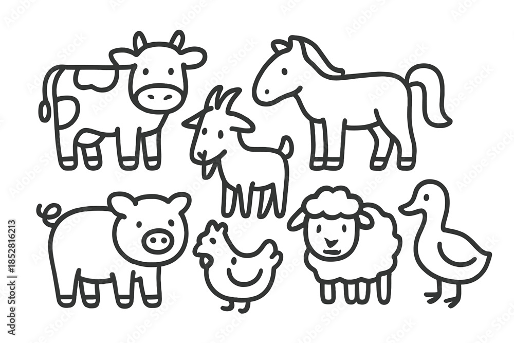 Obraz premium Cute farm animals line art on dark background