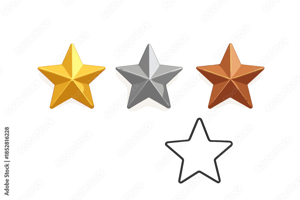 Obraz premium Four stars, representing a rating system, with gold, silver, bronze, and outline.