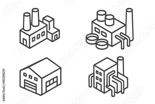 Isometric factory buildings outline icons