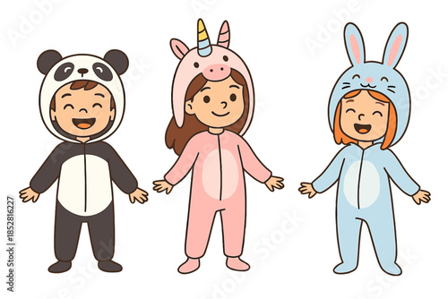 Three cartoon children in animal pajamas