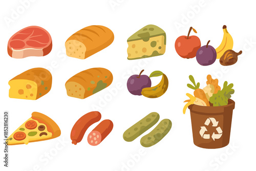 Food Waste Concept with Moldy Produce and Recycling Bin