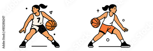 Dynamic basketball players dribbling on a court with energy