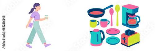 A woman walks confidently while holding a coffee cup