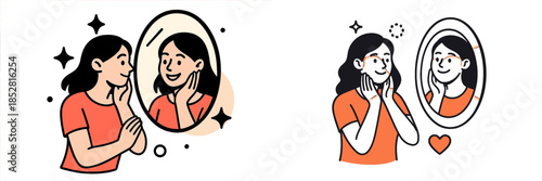 Illustration of woman admiring herself in a mirror with joy