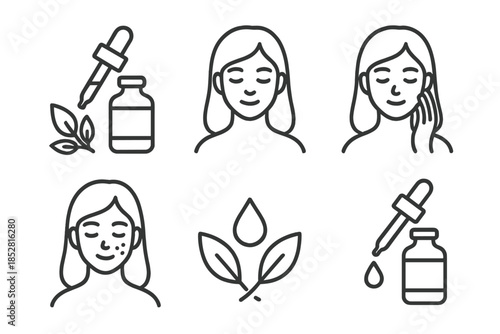 Skincare icons with dropper, plant, and faces