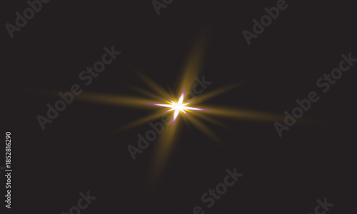 Bright Golden Star Light Effect On Dark Background. golden star, star light effect, light flare, glowing star, bright light, abstract light, dark background, shine effect