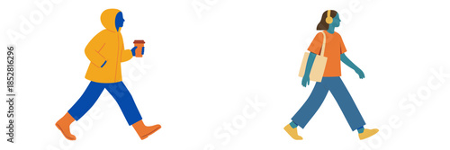 People walking in urban setting with coffee and headphones