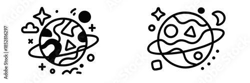 Stylized black planets illustration with decorative elements
