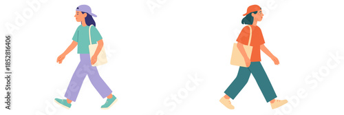 Two young women walking with bags in casual attire