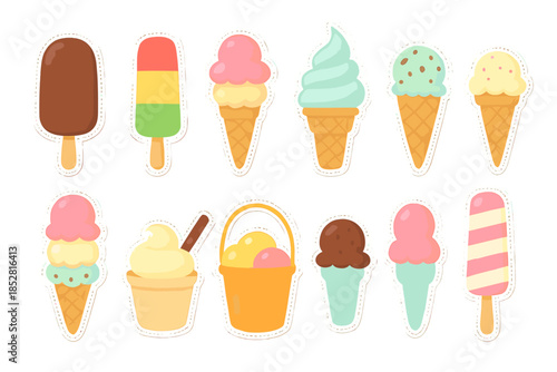 Collection of cute ice cream stickers on a gradient background
