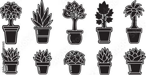 Collection of potted plant icons in black and white