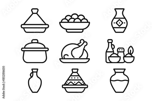 Collection of food and kitchen icons on a dark background