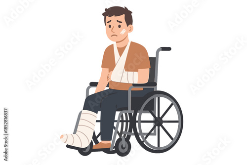 Sad person in wheelchair with broken leg and arm