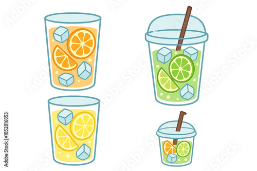 Four refreshing drinks with citrus slices and ice cubes