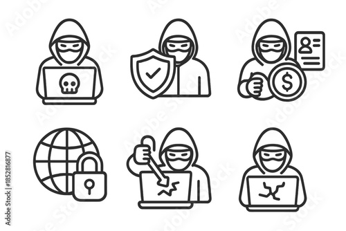 Cybersecurity hacker icons set
