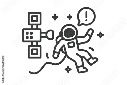 Astronaut floating in space with a satellite and speech bubble with exclamation mark
