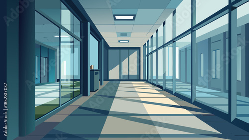 Modern office corridor with glass walls