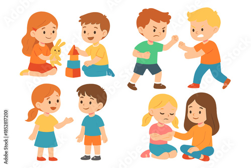 Children interacting in different social situations, playing, arguing and comforting