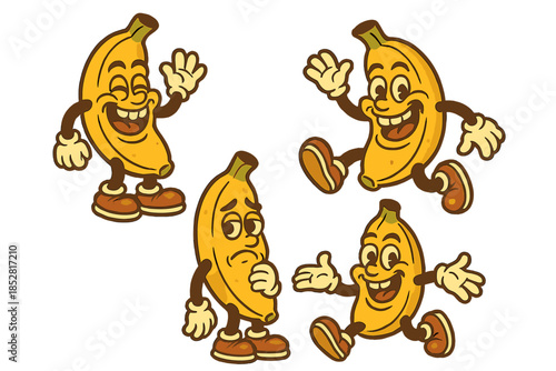 Four cartoon bananas with faces and limbs on a gradient background.