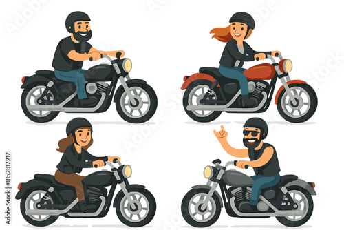 Four diverse cartoon bikers riding motorcycles
