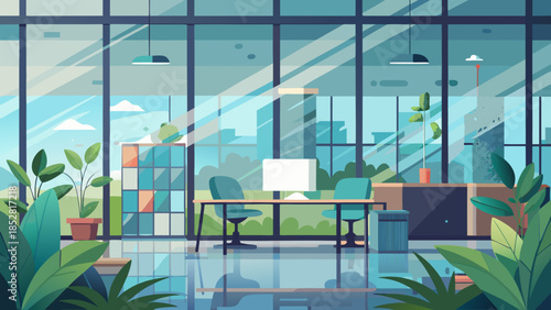 Modern office space with large windows