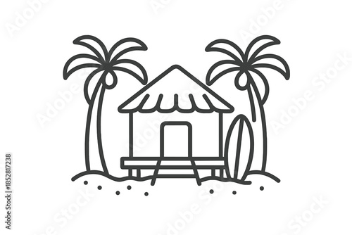 Tropical beach hut with palm trees and surfboard line art