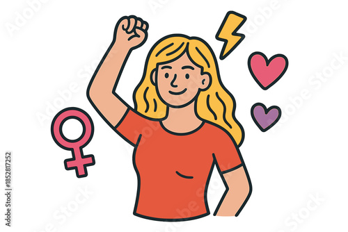 Feminist woman with fist raised and symbols of empowerment