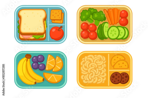 Four lunch boxes with healthy food illustrations