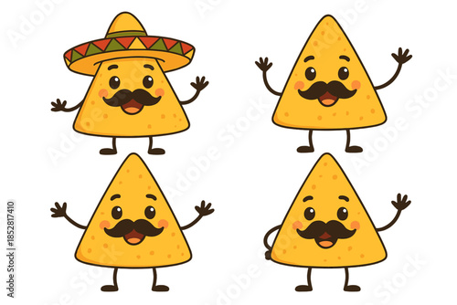 Four cartoon nachos with mustaches and Mexican hats