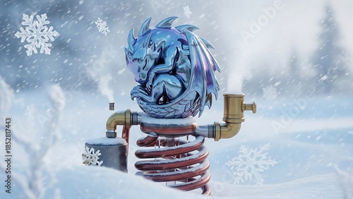 Frozen outdoor faucet in winter snow.
