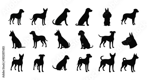 Collection of black dog silhouettes on white background vector