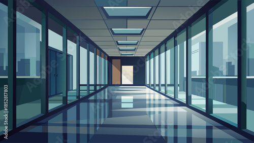 Modern office corridor with glass walls