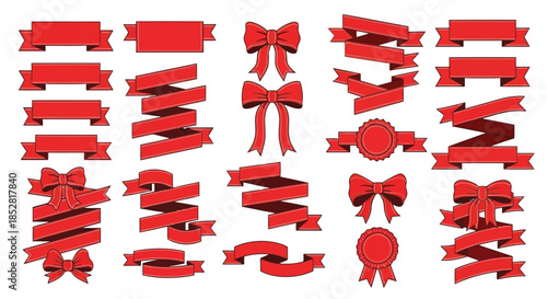 Collection of red ribbons and bows on white background vector