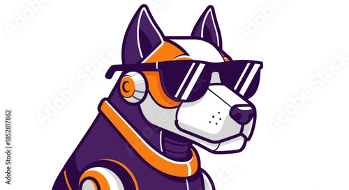 Stylized robotic dog wearing sunglasses on white background vector illustration