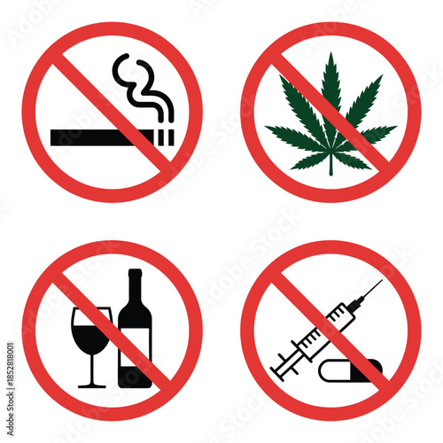 No smoking cigarettes, drinking alcohol, drugs and pills black silhouette icon set, featuring addiction prohibited pictograms, warning symbols, doping zone red stop signs, perfect for public safety, e