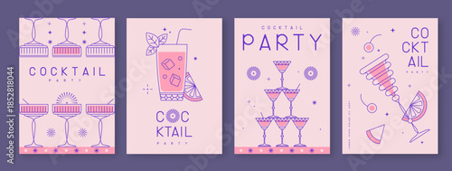 Set of line art holiday cocktail party posters with cocktail and champagne glasses. Restaurant menu design. Vector illustration
