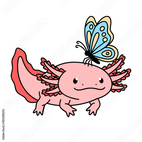 cute cartoon axolotl with a butterfly on its head doodle sketch