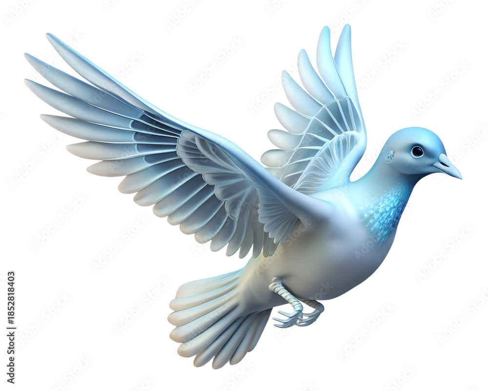 Fototapeta premium A white dove in flight with outstretched wings on a plain background