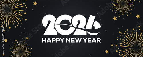 Festive black banner with bold white 2025 Happy New Year typography, surrounded by elegant golden fireworks and sparkling stars, perfect for holiday greetings, celebrations, party invitations.