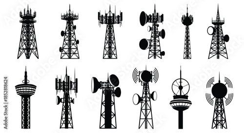Collection of black silhouettes of various communication towers and broadcasting masts isolated on white background vector