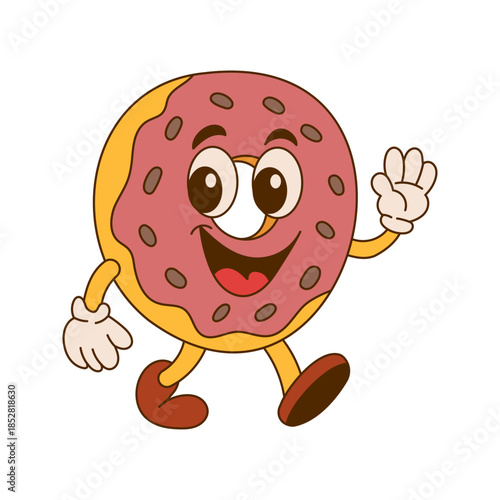 Donut character doughnut vector cartoon retro funny food illustration with cute and happy style for kids. Vintage kawaii dessert design for posters or stickers. Smiling donut mascot waving.