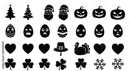 Collection of black holiday and symbol icons on white background vector