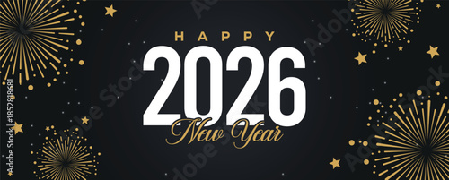 Festive black banner with bold white 2025 Happy New Year typography, surrounded by elegant golden fireworks and sparkling stars, perfect for holiday greetings, celebrations, party invitations.