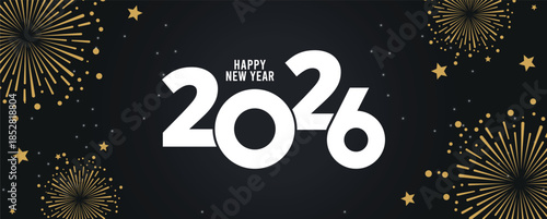 Festive black banner with bold white 2025 Happy New Year typography, surrounded by elegant golden fireworks and sparkling stars, perfect for holiday greetings, celebrations, party invitations.