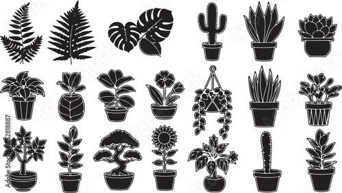 Potted plant silhouette icons collection