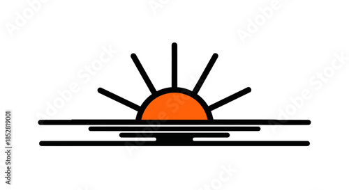 Stylized sunset illustration with radiant sun and reflecting lines