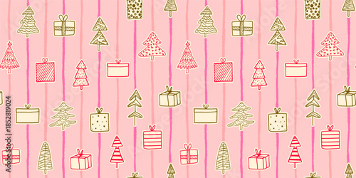 Pink Christmas seamless vector pattern with trees and presents for wrapping paper, holiday backgrounds and package designs